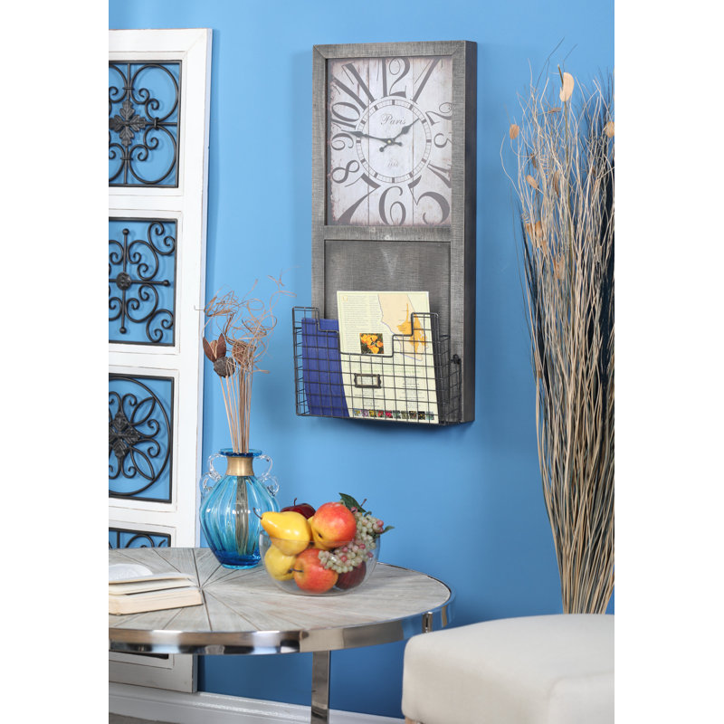 Gracie Oaks Everson Rustic Rectangular Wall Clock with Storage Basket Wayfair